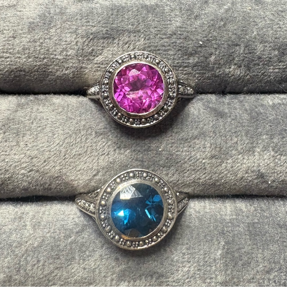 Set of 2: Elegant Pink and Blue Sterling Silver Filigree Gemstone Rings